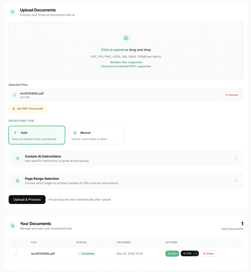 Extraly dashboard — AI-powered document data extraction